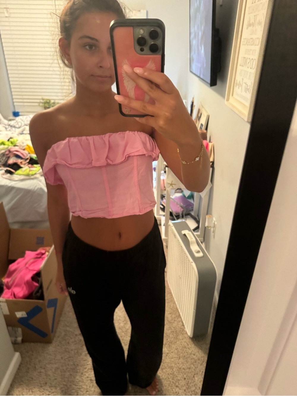 HYFVE Pink Ruffle Off-Shoulder Crop Top